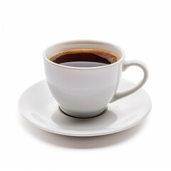 White ceramic coffee cup filled with dark coffee, on a saucer, isolated on white background