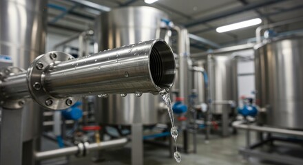 Shiny Metal Pipeline Water Droplets Treatment Plant - Pure water flows, symbolizing purity, reliability, technology, industry, and hydration. Clean and efficient water treatment