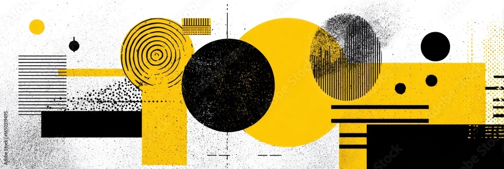 Poster abstract composition featuring circles and lines with a yellow and black color scheme in a modern ar