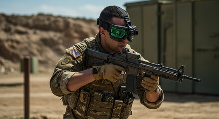 Fototapeta premium Soldier Aiming Rifle at Range - A soldier in camouflage uniform aims a rifle, wearing tactical goggles at an outdoor shooting range