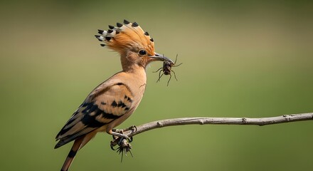 Hoopoe bird perched on a branch with a spider in its beak, showcasing nature's elegance