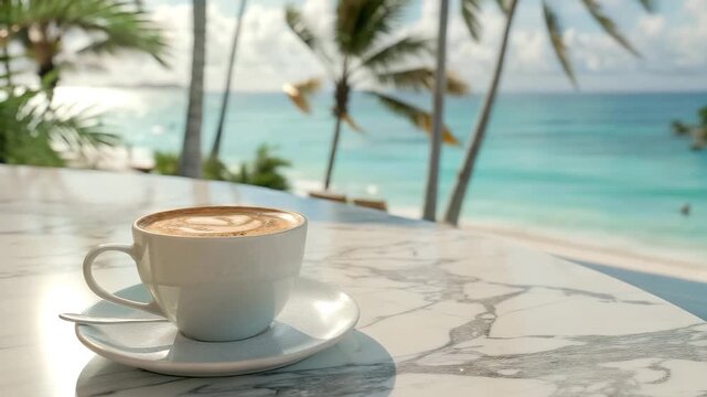 Cup of cappuccino on marble table with tropical beach and palm trees in background