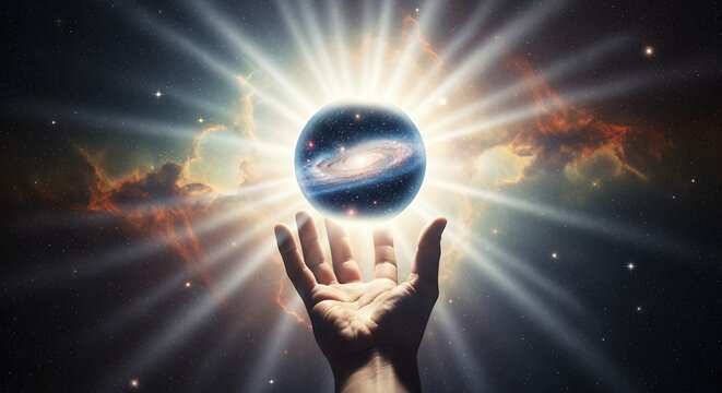 Hand holding a glowing galaxy sphere with light rays on a cosmic background, concept for spiritual guidance, universal connection and astrological insight