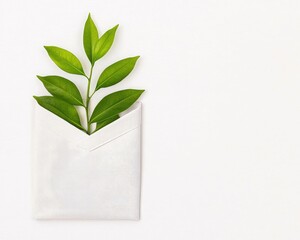A white envelope contains a fresh green sprig with glossy leaves, against a clean, bright background, hinting at nature, communication, and growth