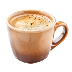 A light brown ceramic coffee cup filled with espresso