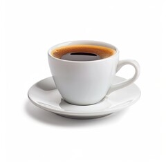 White ceramic coffee cup filled with dark espresso, on saucer, isolated on white