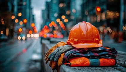 Safety gear rests on a curb, city lights blurred in the background