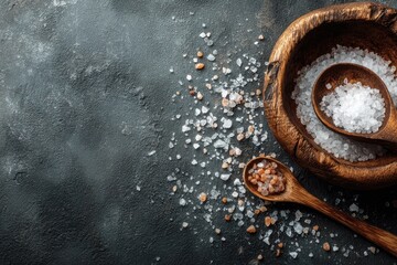 Fototapeta premium Wooden bowls and spoons with different types of salt on dark textured surface