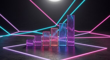 Realistic 3D bar chart with glowing neon lines, futuristic theme