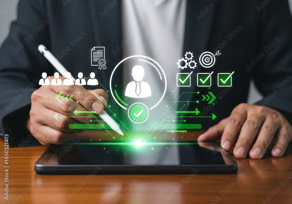 Poster digital recruitment process with hr manager selecting candidate using tablet in office environment, 