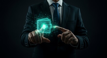 A man in a suit interacts with a digital wallet.