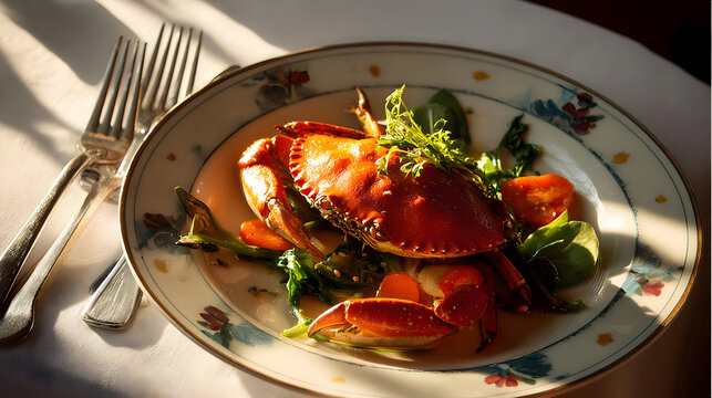 Red Crab Dish with Vegetables on Elegant Plate