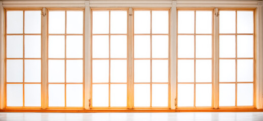 Natural light streams through large window panes in a serene indoor space during the early morning