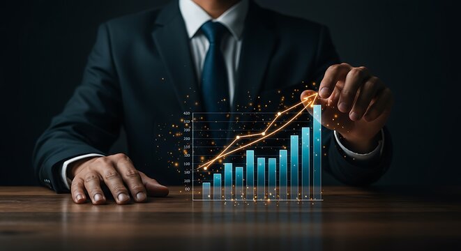 Businessperson interacting with a growing bar graph.