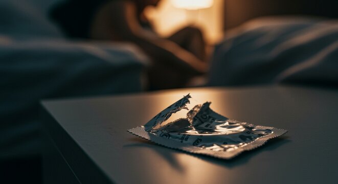 Close-up broken ripped condom wrapper on a nightstand, lover couple in the background.