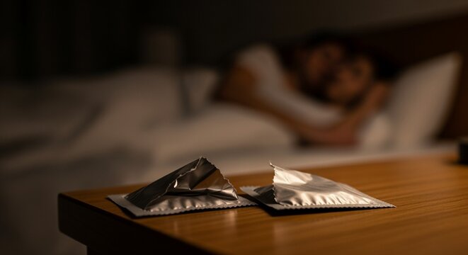 Close-up broken ripped condom wrapper on a nightstand, lover couple in the background.