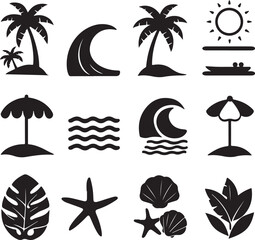 Black and white icons of tropical beach elements including palm trees, waves, and shells summer vacation