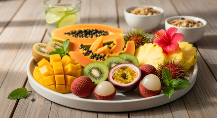 Exotic fruit symphony on a rustic wooden table, a vibrant medley of tropical delights and colors evoking a sense of health, indulgence, and the laid-back vibe of a far-off paradise ready to be savor