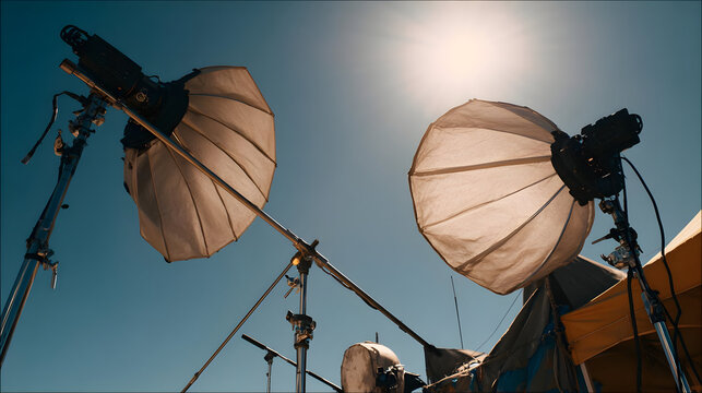 Outdoor Film Production Lighting Setup with Softboxes under Bright Sunlight