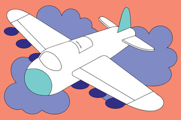 Naklejka premium Hand drawn set of White Airplane Flying Through Blue and Purple Clouds on Orange Background aircraft