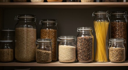 Minimalist Kitchen Pantry Shelf with Glass Jars and Dry Goods