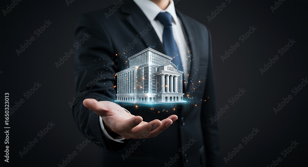 Poster a 3d model of a building displayed in a hand.