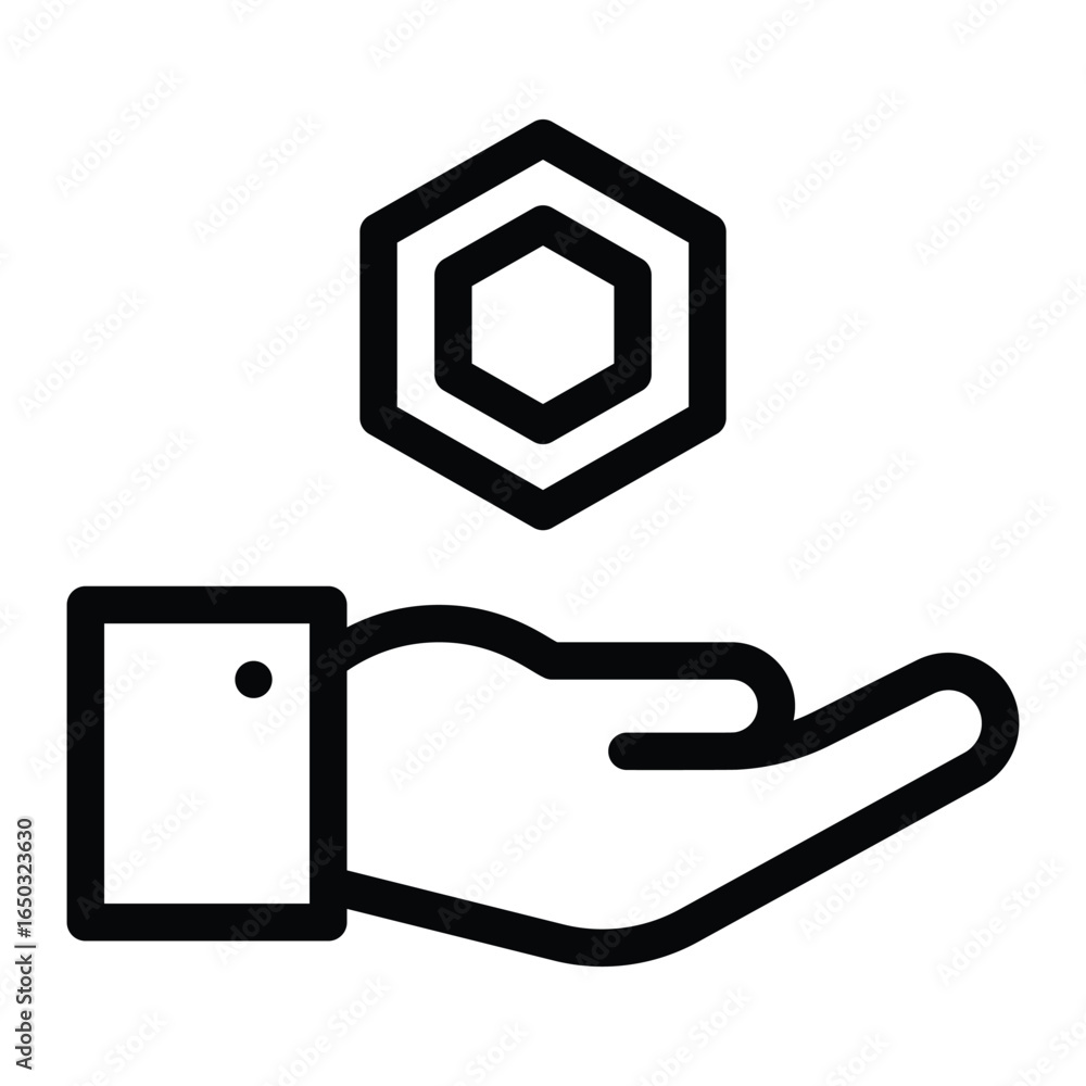 Poster a stylized icon depicts a hand presenting a hexagon shape, web icons in line style. editable stroke