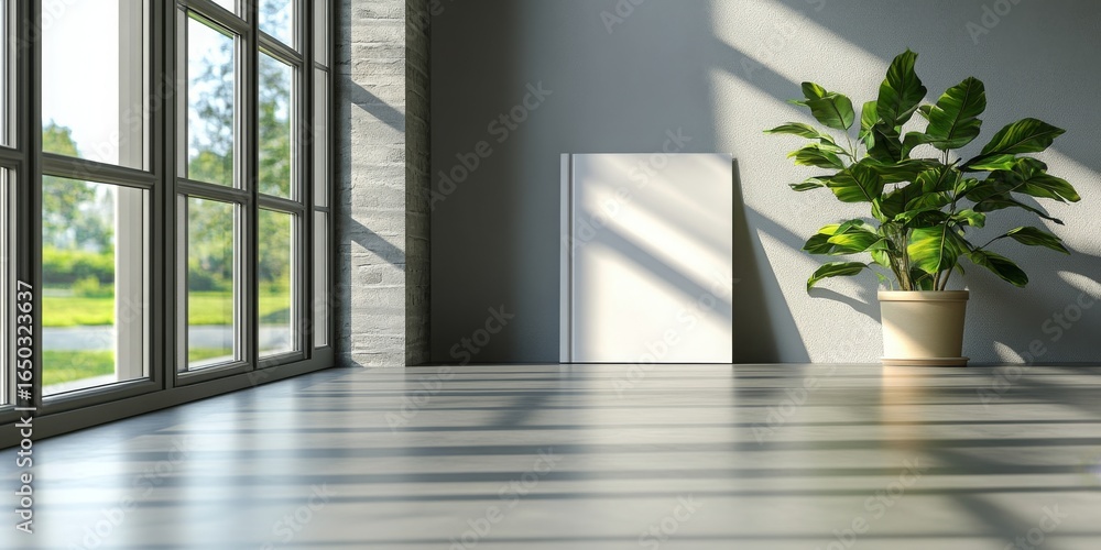 Poster modern, minimalist-style 3d-render image of a blank white canvas or book on a concrete floor with a 
