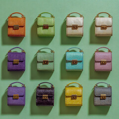 A grid of small bags in different colors and styles, arranged neatly on the wall. Each bag is a miniature model with a gold lock clasp, showcasing various textures like leather or canvas material.