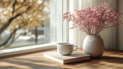 modern, minimalist-style photograph of a coffee cup, a book, and a vase of flowers on a sunlit windowsill. It can be used on websites or blogs about lifestyle, home decor, or relaxation