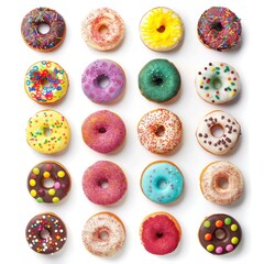 Colorful donuts arranged in a grid pattern on a white background