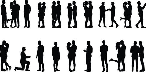 Silhouette couples in diverse romantic poses, love and affection, intimate embrace, unity, emotional bond, wedding, Valentine’s Day, artistic relationship design illustration
