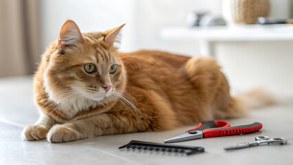Orange tabby cat lying beside grooming tools on a white carpet  