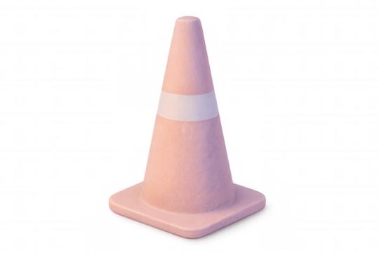 Pink traffic cone with white stripe, rendered in 3d, standing against transparent backdrop, signaling caution and visibility