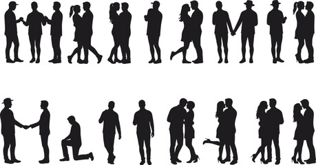Silhouette couples and friends in affectionate and social poses, love, unity, diversity, emotional bond, wedding, Valentine’s Day, relationship illustration