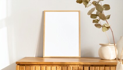 Blank vertical wooden picture frame mockup on a rustic cabinet for home decor display.