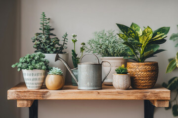 Watering a blooming pink geranium in a terracotta pot with a green watering can, isolated on a white background.