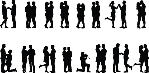 Silhouette couples in romantic, joyful, and affectionate poses, love and companionship, diverse relationships, unity, Valentine’s Day, wedding, emotional connection illustration