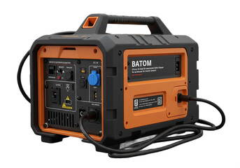 Fototapeta premium Close up shot of a batom portable generator with cables on a white background studio shot