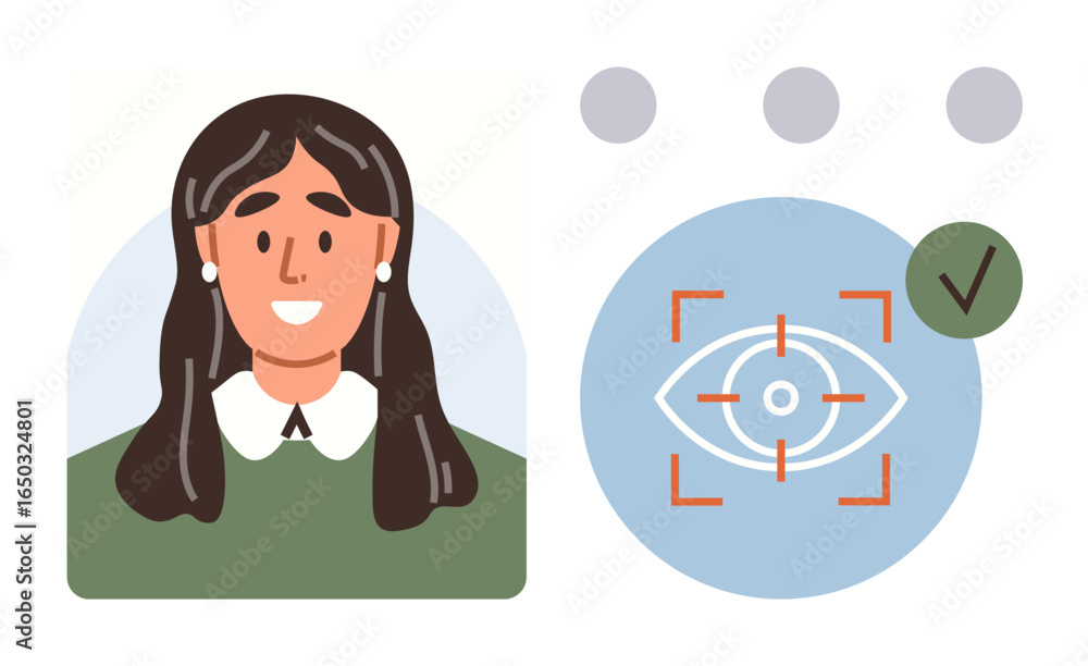 Poster smiling woman portrait with biometrics interface showing eye scan and a checkmark. ideal for identit
