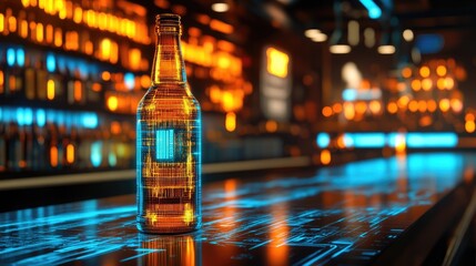 Amber glass beer bottle sits on a glowing, futuristic bar counter in a dimly lit, vibrant bar.  Warm and cool light blend, highlighting the bottle's label