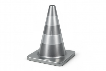 Silver traffic cone with reflective white stripes positioned on transparent backdrop, signaling roadway safety protocols