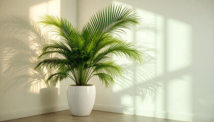 Fototapeta premium Indoor Palm Plant in White Pot – Modern Home Decor with Natural Light