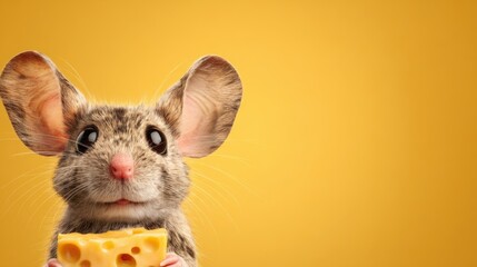 Endearing mouse with oversized ears holding cheese delicately, on a vivid yellow backdrop, ideal for lively promotional graphics
