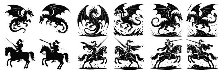 Obraz premium Dragons and Knights Silhouettes Medieval Fantasy Creatures and Warriors on Horseback, Black and White Art