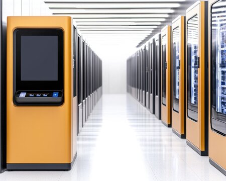 Server room with rows of tall, gold-colored racks, a screen visible on one, receding into a bright, blurred background with overhead lighting. Smooth, reflective floor