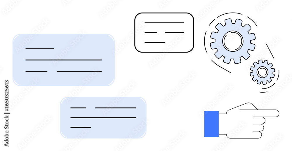 Poster gears signifying process, text boxes denoting communication, and a pointing hand guiding focus. idea