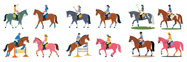 Equestrian Sport Cartoon Horses and Riders Engaging in Polo, Jumping, and Pleasure Riding Activities