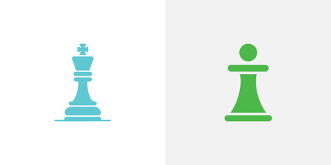 Teal Chess King and Green Pawn Pieces Game Strategy, Minimalist Design on Light Background