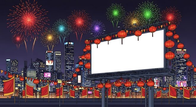 Festive nightscape showcasing a vibrant cityscape with billboard and fireworks display